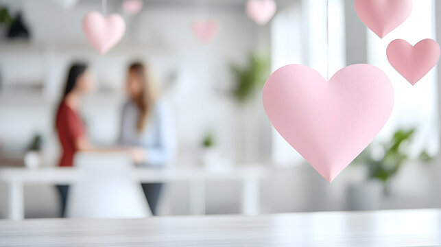 Close-up of hanging pink paper hearts with blurred people in the background in a cozy environment. Perfect for promoting relationship themes or Valentine's Day decor ideas. Selective focus
