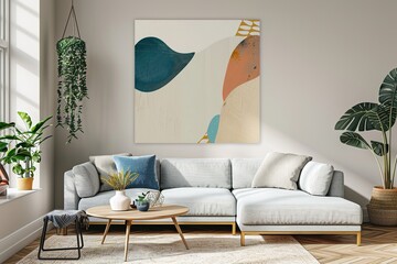 The stylish boho compostion at living room interior with design gray sofa, wooden coffee table, commode and elegant personal accessories. Light-colored pillow and plaid. Cozy apartment. Home decor
