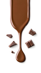 Melted chocolate dripping and flowing down from the top, isolated on white background