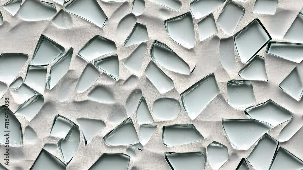 Poster small, irregular pieces of glass are scattered on a light background, creating a unique texture with