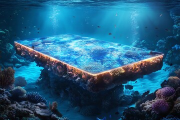 Mysterious underwater table made of coral and glowing blue light.  Surreal ocean scene with vibrant coral reef and fish.