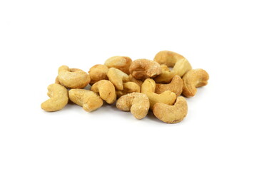 Unshelled roasted cashew nuts isolated on white background
