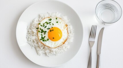 Top-down view of a cozy meal setup featuring fried egg on rice and a glass of water on a clean white table.