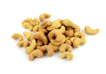 Unshelled roasted cashew nuts isolated on white background