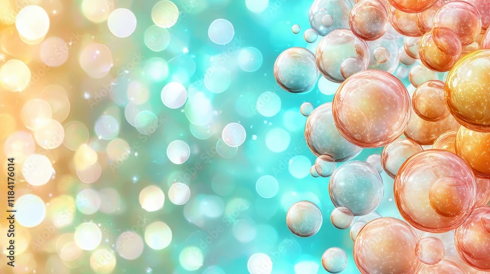 Poster colorful bubbles floating on a dreamy background of soft blue and warm orange with subtle light effe
