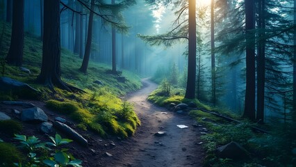Obraz premium Serene Blue Forest Hiking Trail, Magical Sunlight Through Trees, Inspiring Adventure