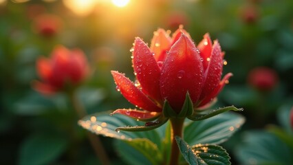 Obraz premium Vibrant Red Bloom with Dewdrops in a Sunlit Garden