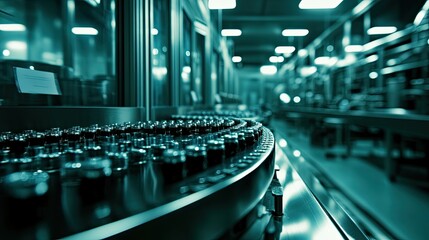 Rows of polished machinery in a sterile health supplement production line, with room for text.
