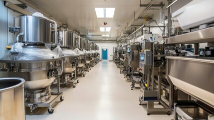 Rows of polished machinery in a sterile health supplement production line, with room for text.