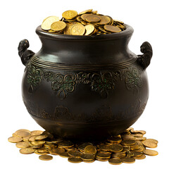 Gold Coins and Pot of Luck Symbolizing Wealth and Prosperity