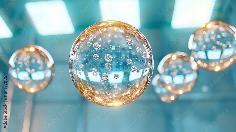 Poster floating transparent bubbles with reflections and air bubbles in a bright abstract background space