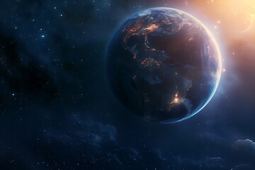 Obraz premium A stunning view of Earth from space, illuminated city lights contrasting the dark universe. Stars and nebulae surround the planet, creating a beautiful cosmic scene.