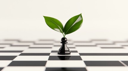 3D rendering of a plant sprouting from a chess pawn, symbolizing growth and adaptation in the digital age.