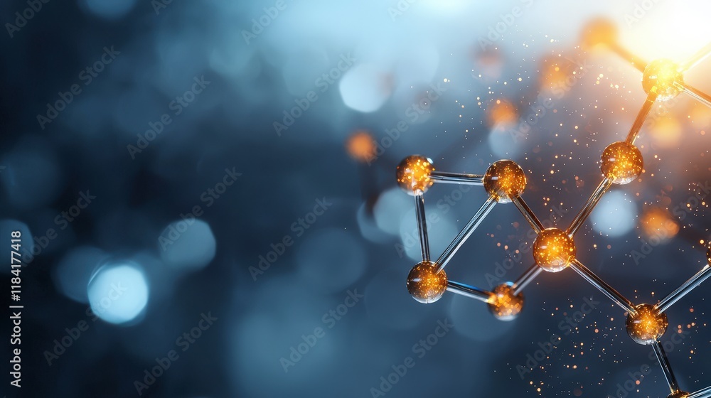 Poster abstract molecular structure with glowing particles and bokeh background for scientific and technolo