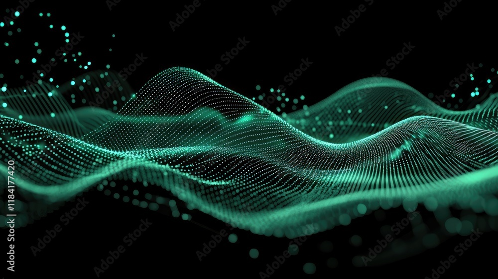 Poster top-down view of digital waveforms with dynamic glowing elements, creating a tech vibe.