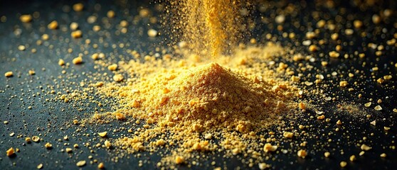 Fototapeta premium Golden flour powder scattered on a dark surface like confetti after an event , party decorations , dark backdrop, isolated space