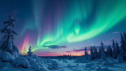Obraz premium Magical Aurora Borealis over Frozen Tundra, Emerald, Sapphire, and Pink Hues Dance Across Starry Polar Night Sky