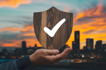 Hand holds shield sunset cityscape evokes protection and resilience