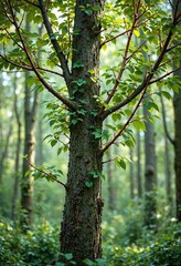 Tree trunk with green leaves and red-pink colored branches in a forest environment, green, forest, tree