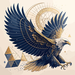 Geometric eagle with gold and blue accents.