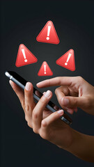 Smartphone with alert symbols emphasizes digital vigilance against dark background Vertical Mobile Wallpaper