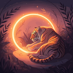 Tiger resting peacefully inside a glowing circle in a serene jungle