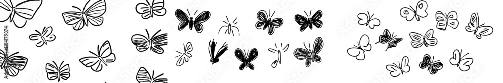 Aufkleber seamless pattern featuring abstract hand-drawn butterflies, suitable for coloring