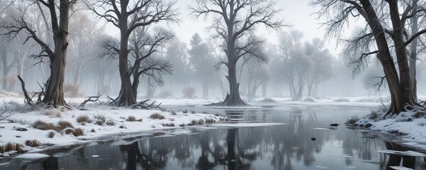 Abandoned winter wonderland with overgrown trees and frost-covered lake, winter wonderland, serene scenery
