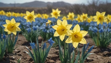 Obraz premium Blue and yellow daffodils blooming in a field with a bright sunny sky, flowers, field