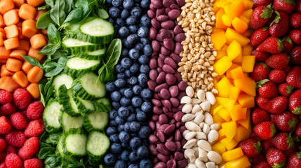 vibrant assortment of fresh fruits, vegetables, and nuts arranged in colorful rows.