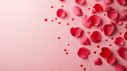 Red Roses and Heart Petals on a Romantic Pink Background
