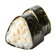 Japanese rice balls onigiri wrapped in nori with sesame seeds on transparent background.