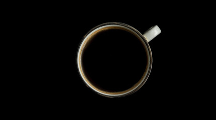 Overhead view of a cup of coffee against a black background.  The dark liquid contrasts sharply with the light-colored mug.
