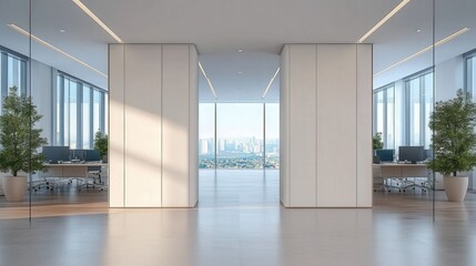 Fototapeta premium Bright and Modern Office Interior with Panoramic City View Through Floor-to-Ceiling Windows and Contemporary Furniture Arrangement