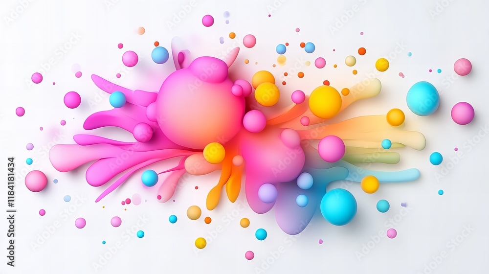 Poster vibrant rainbow-colored blobs and spheres burst across a white background, creating a dynamic and pl