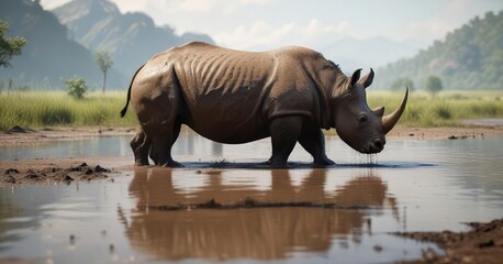 Obraz premium Rhinoceros in muddy water near the edge of a lake, mud, lake edge, wetland ecosystem