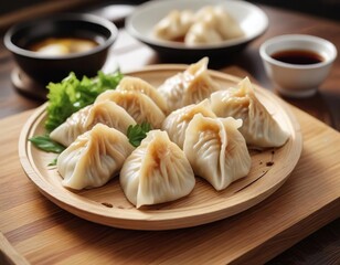 Steamed Gyoza on a wooden table with soy sauce and ginger, crispy bottom, Asian food, soy sauce dipping