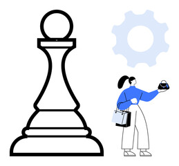 Chess pawn next to shopping woman holding bags and gear icon. Ideal for strategy, decision-making, consumerism, automation, business planning, work-life balance, and progress concepts. Abstract line