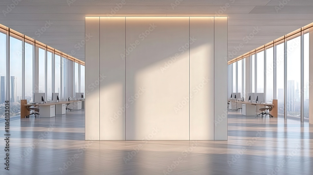 Poster modern office space with bright windows and minimalist design featuring sleek furniture and open lay