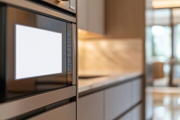 Modern microwave oven with blank screen in contemporary kitchen