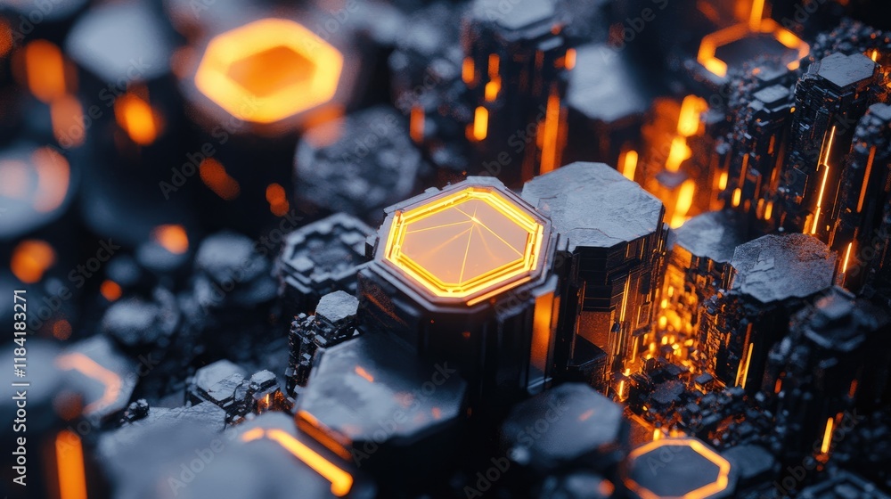 Poster top view of hexagonal grids with luminous edges on a dark gradient background, representing innovati