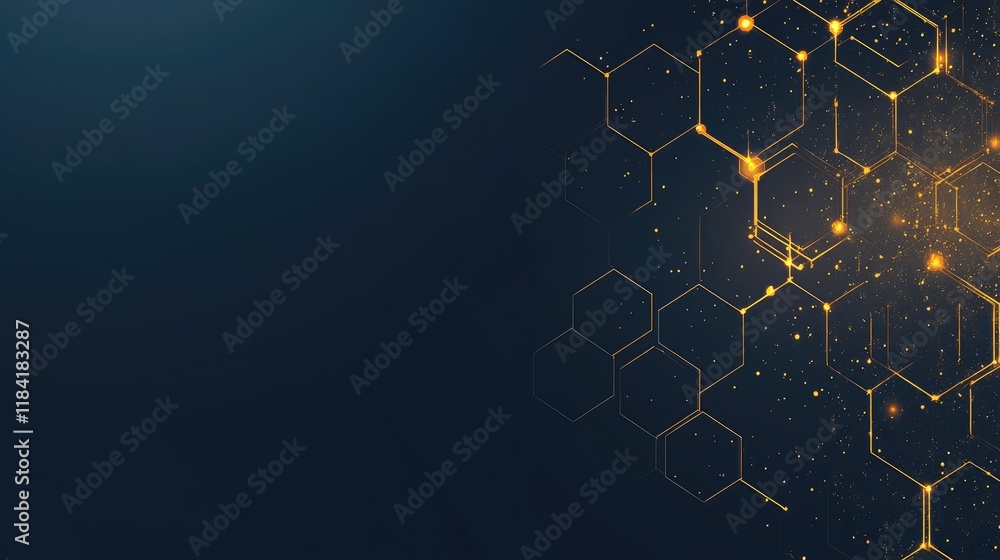 Poster top view of hexagonal grids with luminous edges on a dark gradient background, representing innovati