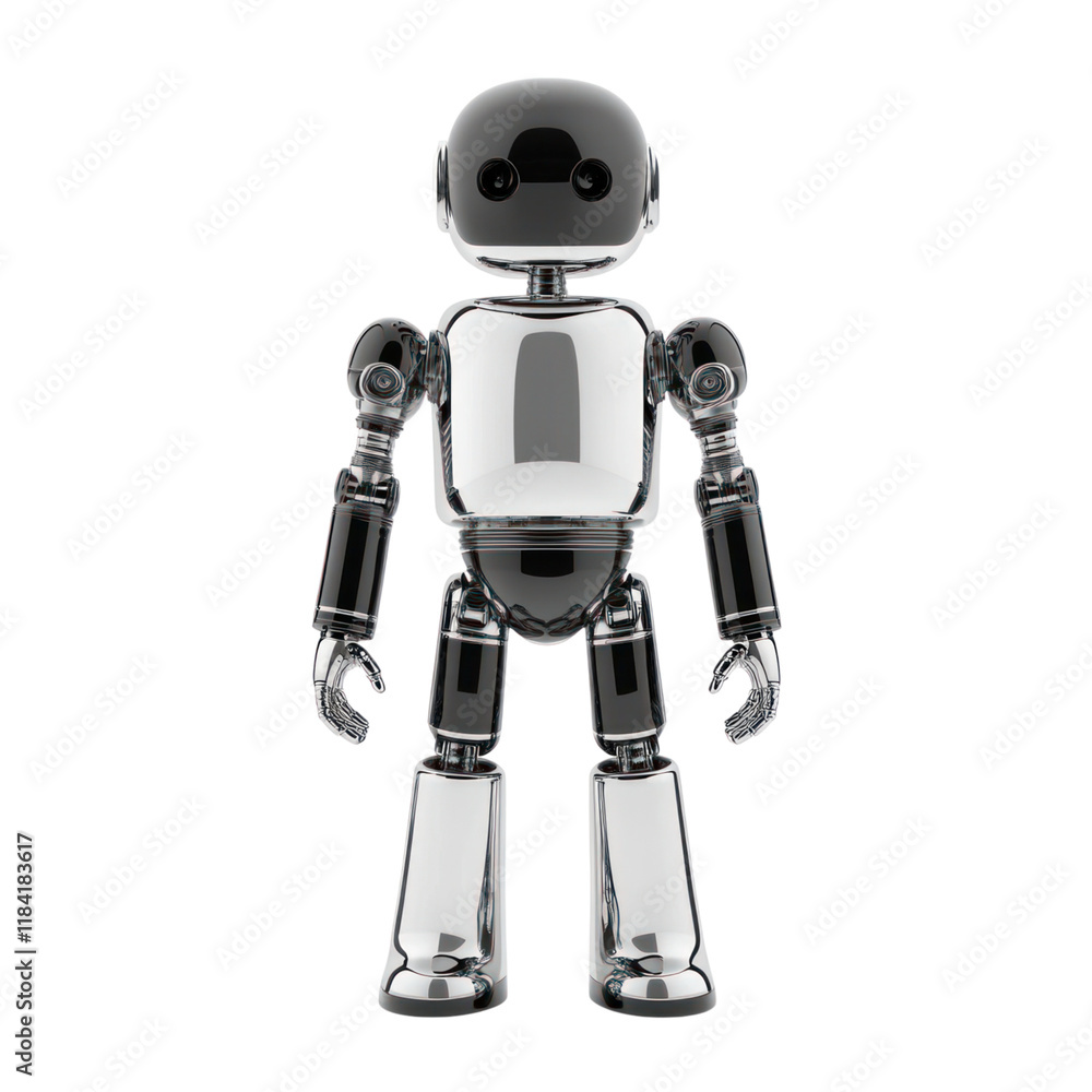 Poster humanoid robot with shiny metallic finish, designed for customer interaction and assistance