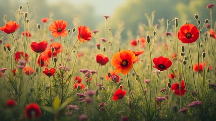 Fototapeta premium Vibrant Red Wildflower Meadow, Stunning Floral Composition of Poppies and Meadow Flowers