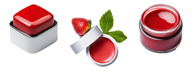 Set of red lip balm containers with strawberry and mint, isolated on transparent background