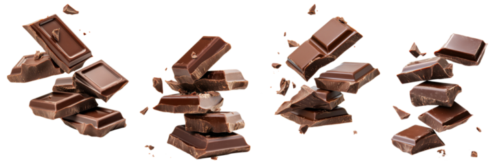 Set of broken chocolate pieces and crumbs, isolated on transparent background