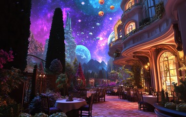 Obraz premium Enchanted outdoor cafe under a vibrant, cosmic sky. Fantasy architecture, magical atmosphere, celestial bodies, and lush landscaping.