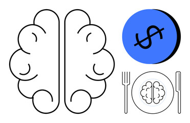 Brain with utensil set, plate, brain-thumbs up food, blue circle featuring dollar sign. Ideal for financial growth, mental health, education, investment innovation well-being creativity. Abstract