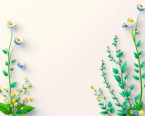 Spring floral border; delicate flowers and leaves frame a blank space; pastel background; ideal for invitations, cards, or websites