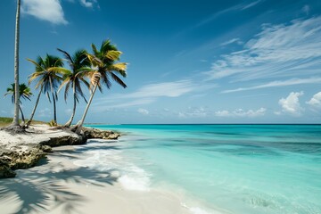 Idyllic beach scene with several palm trees leaning towards a pristine white sand beach and a stunning turquoise ocean under a vibrant blue sky.